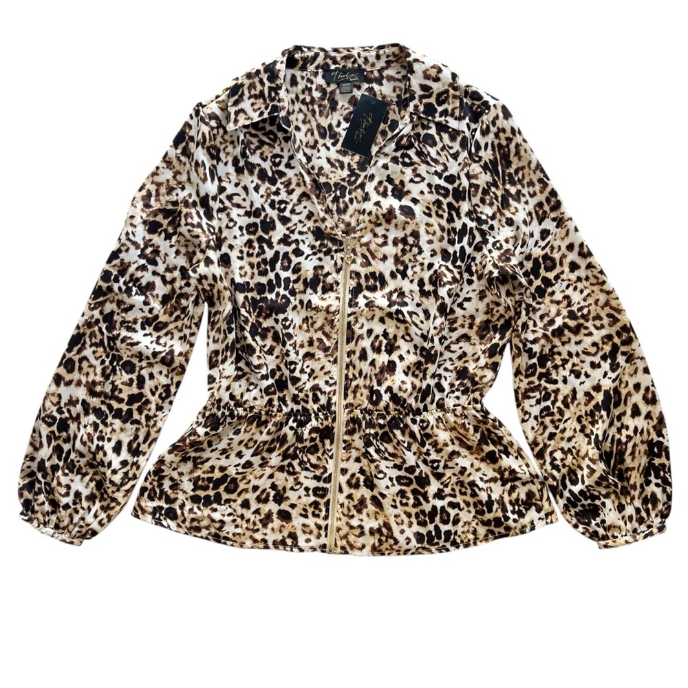 Thalia Sodi Women’s M Brown Leopard Print Natural Animal Peplum Woven Blouse NEW
